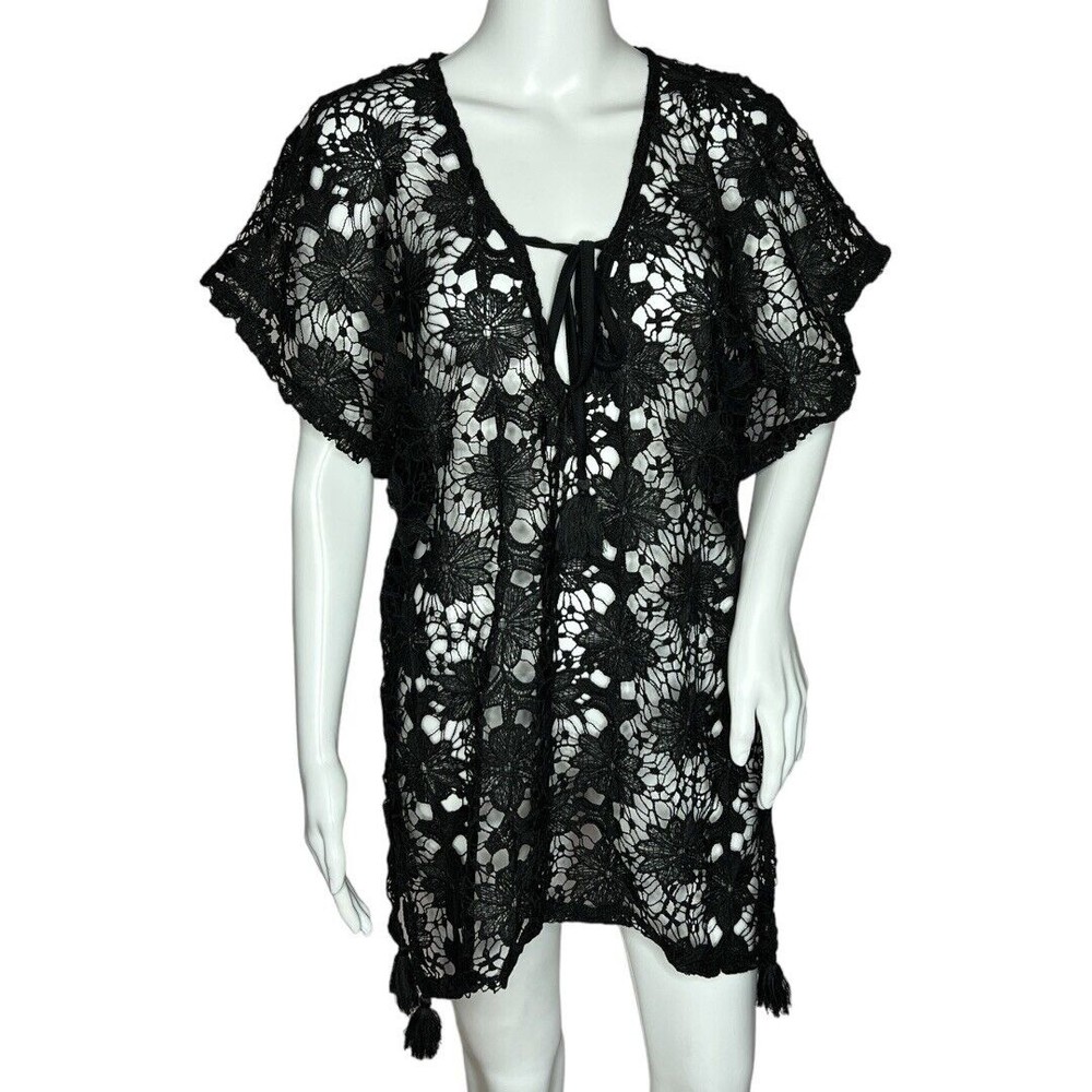 Unbranded Floral Crochet Beach‎ Cover Up Black Short Sleeve V-Neck Tie Neck XL